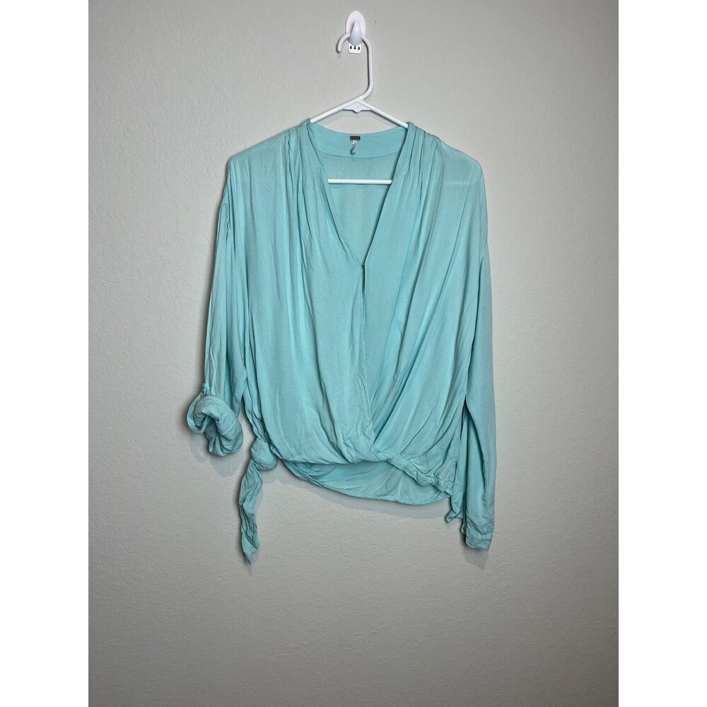 YFB Blouse Womens Small Blue Wrap Front Tie Hem Long Sleeve V Neck Draped Top